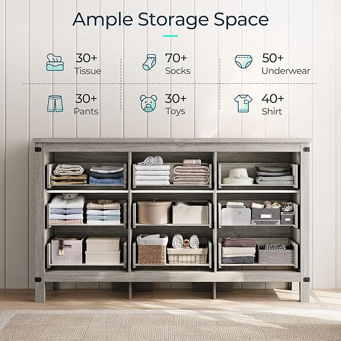 LINSY HOME Dresser for Bedroom with 9 Drawers, 59” Wide Chest with Deep Drawer, Modern Farmhouse Dresser TV Stand with Metal Handles, Wood Storage Cabinet for Closet, Living Room, Hallway, Wash Grey