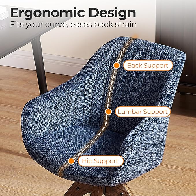 Zouron Mid Century Modern Accent Chair with Wooden Legs, Upholstered Swivel Chair No Wheels, Side Accent Armchair Vanity Chair for Small Space Home Office Living Room Bedroom, Blue