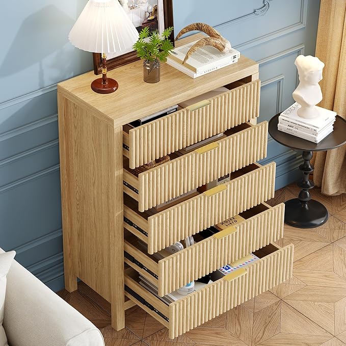 43" 5 Tall Drawer Dresser Organizer TV Drawer Cabinet Modern Wood Storage Cabinet, Modern Wood Storage Cabinet for Bedroom, Hallway, Entryway, Natural Oak