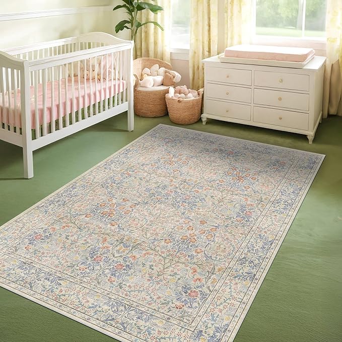 Beige Blue Living Room Rug 5x7, Cottage Area Rug for Bedroom, Vintage Washable Floral Mat for Nursery, Office, Low Pile Non Slip Stain Resistance French Country Style Retro Indoor (5x7 Beige Blue)