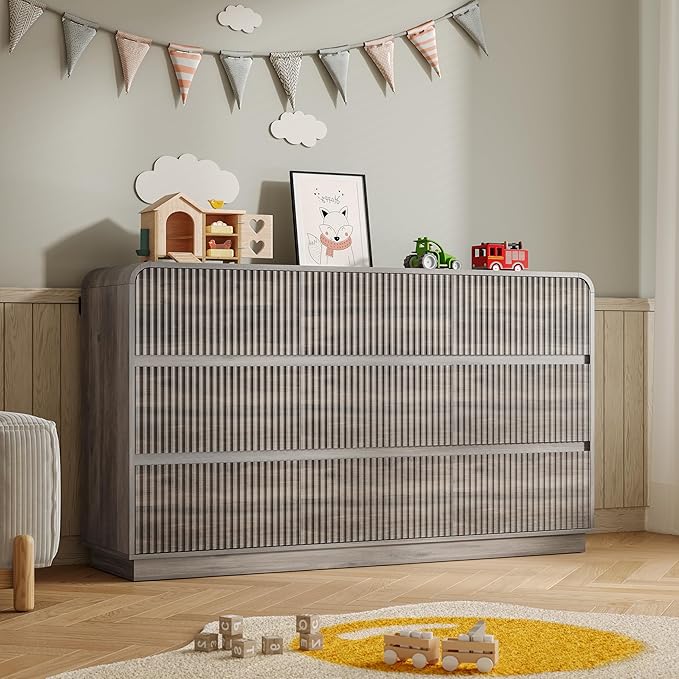 Dresser for Bedroom with 9 Drawers, Fluted Chest of Drawers with Round Curved Corner, Hidden Handles, Modern Wood Storage Organizer for Bedroom, Nursery, Living Room