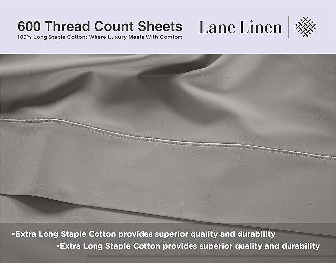 LANE LINEN Queen Size Sheet Set – 600 Thread Count Natural 100% Cotton Sheets, Cooling Bed Sheets, Durable Bedding for Daily Use, Fade Resistant, Snug Fit 15" Deep Pocket Fitted Sheet – Silver