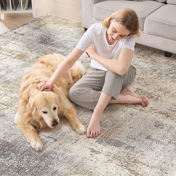 Area Rug Living Room Rugs - 5x7 Washable Soft Indoor Neutral Modern Abstract Low Pile Rug Carpet for Bedroom Dining Room Farmhouse Home Office - Brown Grey