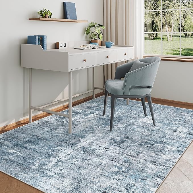 Abstract Rug 5x7 Machine Washable Area Indoor Blue Low Pile Non-Slip Foldable Thin Accent Rugs for Bedroom Living Room Dining Room