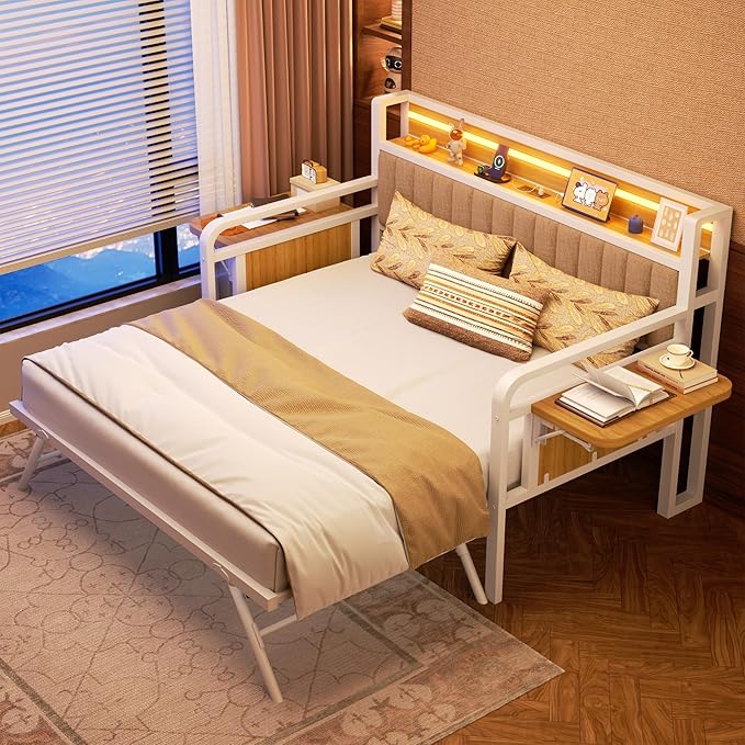 Daybed with Trundle, Twin Trundle Bed Frame - Metal Day Bed with LED Lights, Upholstered Storage Headboard & Charging Station, Pop Up Sleeper, Modern Design for Living Room and Guest Room-White