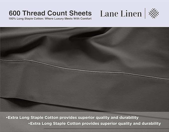 LANE LINEN Queen Size Bed Sheets Set – 600 Thread Count 100% Natural Cotton Cooling Sheets, Hotel Luxury Soft Sateen Finish, Snug Fit 15" Deep Pocket Elasticized Fitted Sheet – Charcoal