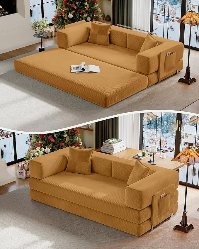 78.8" Convertible Futon Sofa Bed,Corduroy Futon Couch with Storage Pocket,Folding Pull Out Sofa,No Assembly Boneless Couch for Living Room,Yellow