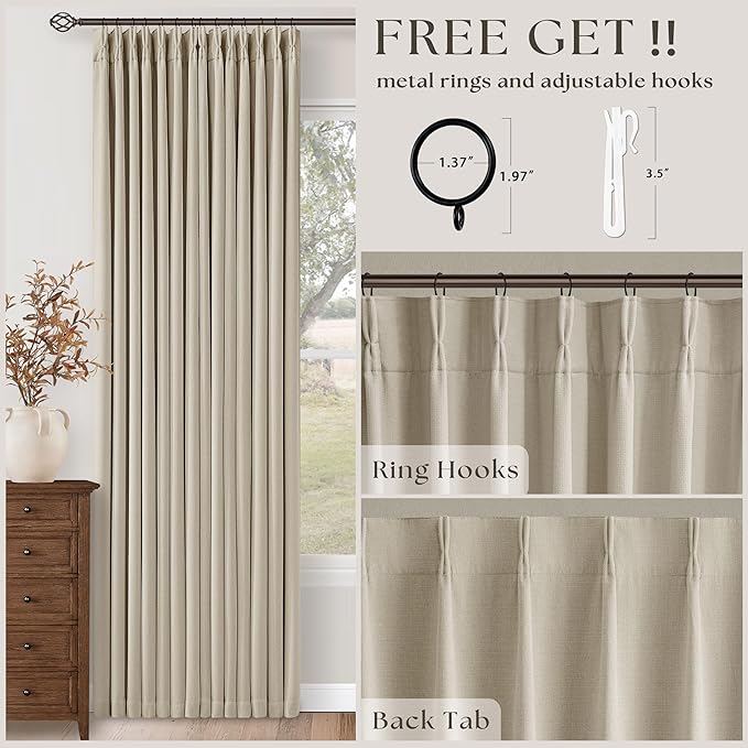 Pinch Pleat Beige 120 Inch Blackout Curtains for Living Room 2 Panels Set 100% Black Out Flax Burlap Beige Oatmeal Pleated Drapes Room Darkening Extra Long Luxury High Ceiling Windows Curtain 10FT