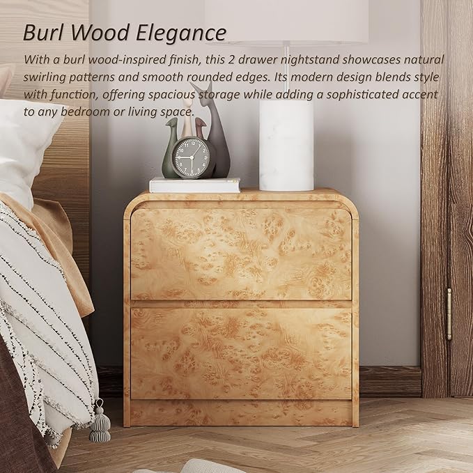 2 Drawer Farmhouse Nightstand with Rounded Edge, Modern Dresser Mid Century Side Table for Bedroom, Burl Finish, Natural