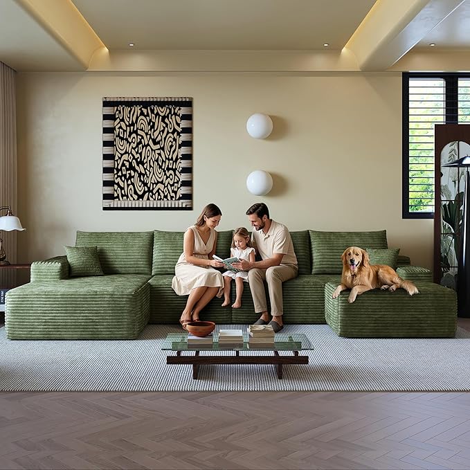 136" Sectional Couches for Living Room Modern Modular Sofa with L-Shape Couchs Upholstered Boneless Couch Deep Seat Sectional Couch with Chaise (Green, Left Facing Chaise+3Seaters+Ottoman)