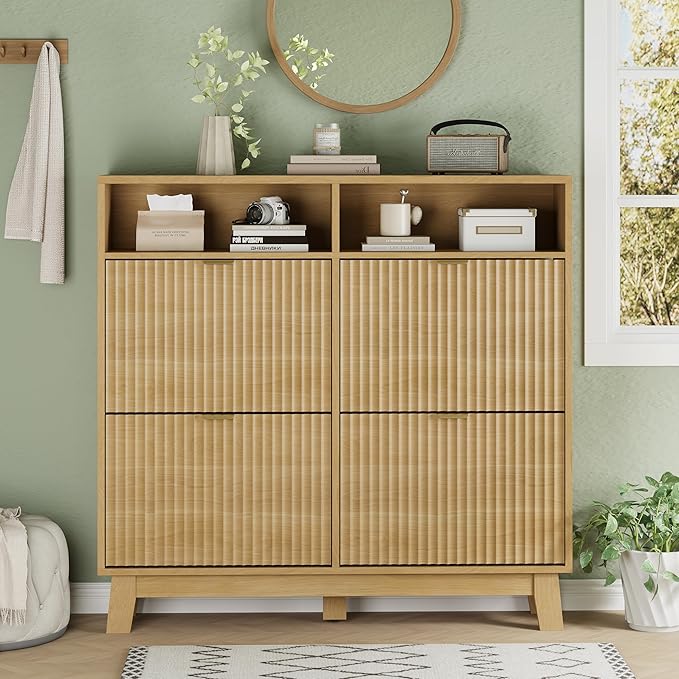 Shoe Cabinet with 4 Flip Drawers, 46" Tall Hidden Fluted Shoe Storage Organizer for Entryway, Narrow Slim Wooden Shoe Rack Cabinet for Front Door Entrance, Hallway, Living Room, Natural Oak