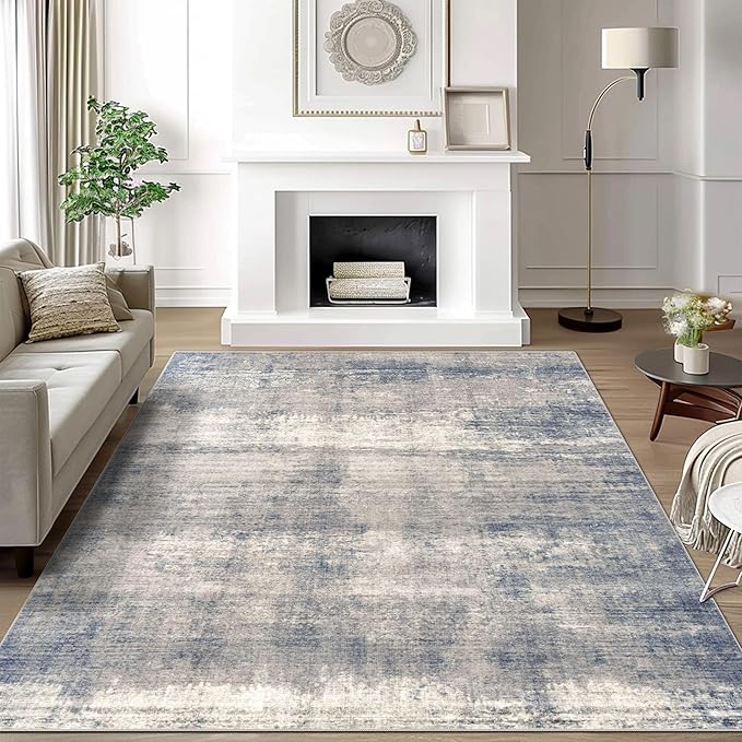 5x7 Area Rugs - Ultra-Thin Washable Rug with Non-Slip Backing, Ideal for Living Room, Bedroom, Kitchen Floor Carpet - Modern Abstract Style, Easy Clean, Durable, Low Pile Grey/Navy
