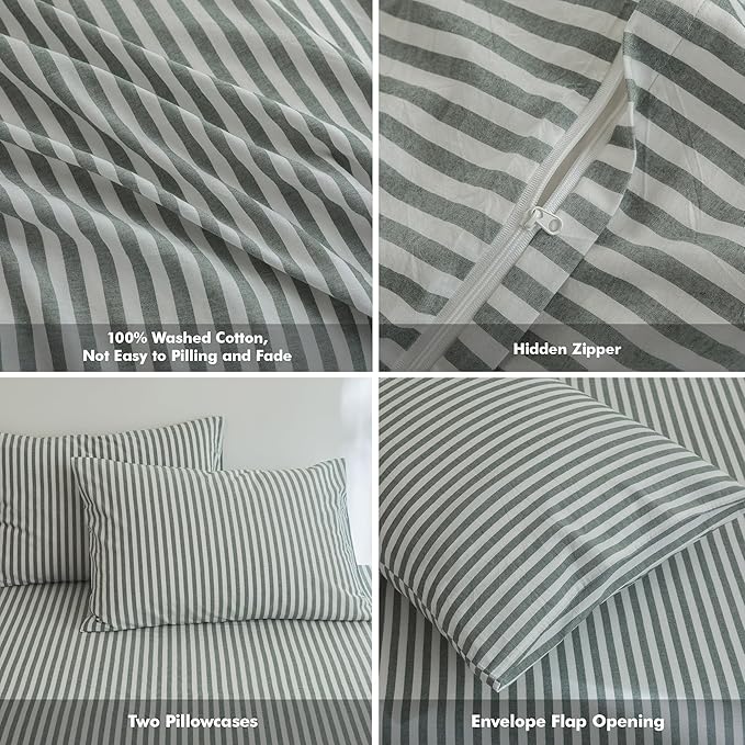 FOSSA Striped Duvet Cover Set 100% Washed Cotton Linen Feel Super Soft Breathable Cozy 3 Pieces Bedding Sets Heathered Green Classic Stripes Queen