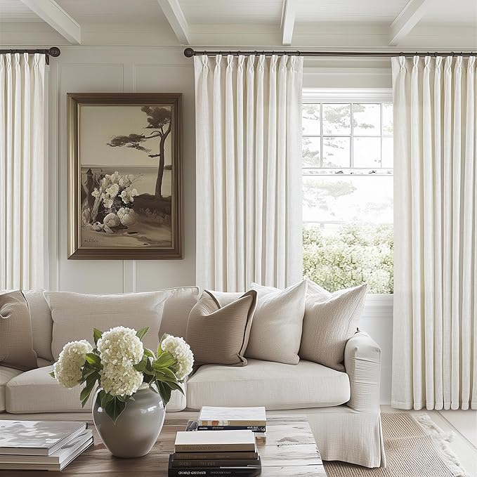 Extra Wide Pinch Pleat Curtains 120 Inches Long for Patio Sliding Glass Door Natural Linen 60 Inch Wide Curtain Memory Trained Pleated Drapes Hooks Rings 60x120 Curtain for Large Window 1 Panel