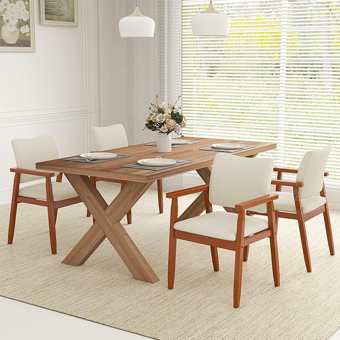 thksbought Set of 4 Walnut Dining Chairs, Wood Arm and Legs Chairs,Beige Color Living Room Chairs for Decor Furniture