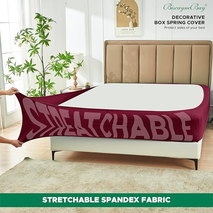Biscaynebay Decorative Box Spring Cover Queen Size, Burgundy Luxurious Jersey Knitting Stretchy Wrap Around 4 Sides Bed Skirt for Home/Hotels, Easy Fit Wrinkle & Fade Free Machine Washable
