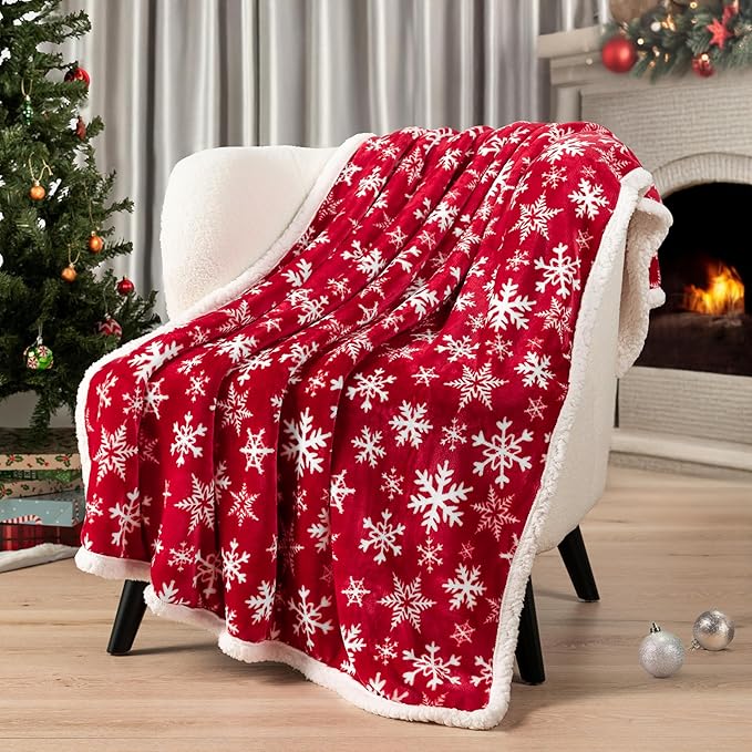 PAVILIA Premium Christmas Sherpa Throw Blanket | Red Snowflake Decoration, Fleece, Plush, Warm, Cozy Reversible Microfiber Holiday Blanket 60 x 80 Inches