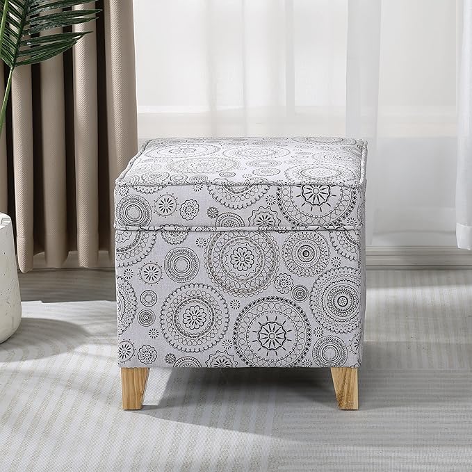 Adeco 17" Square Ottoman with Storage, Small Mandala-Persian Flower Pattern Storage Ottoman Foot Rest with Hinged Lid & Solid Wood Legs, Linen Fabric Foot Stool for Living Room & Bedroom