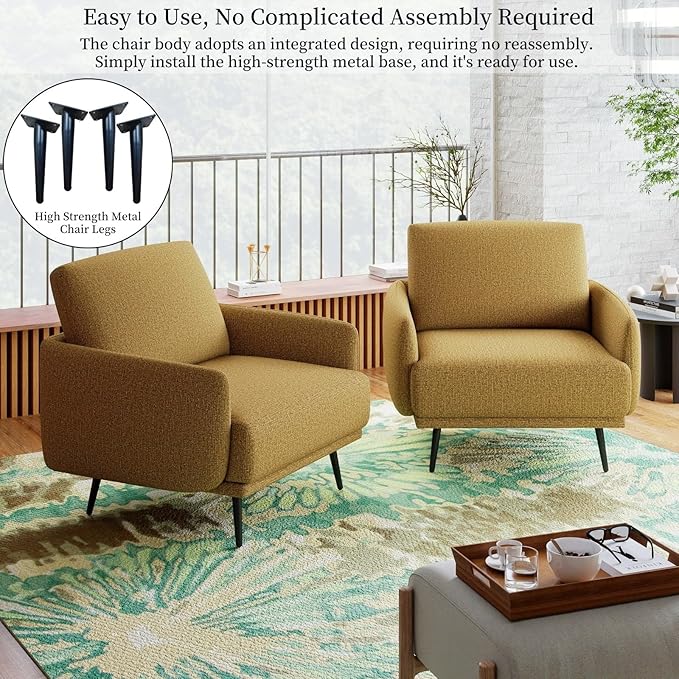Oversized Accent Chair for Living Room Cozy Reading Chairs Mid-Century Modern Accent Chairs Armchair with Metal Legs Single Sofa Chair for Home Office (Set-of-2, Polyester Fabric- Pumpkin Orange)