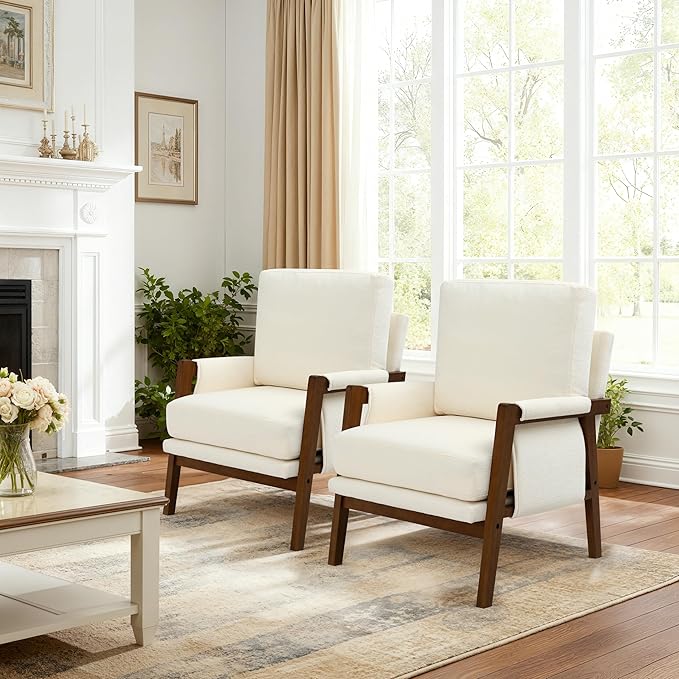 Cream Accent Chair for Bedroom & Living Room, Mid Century Modern Accent Arm Chair, Upholstered Anthropologie Accent Chair with Solid Wood Frame, Fabric