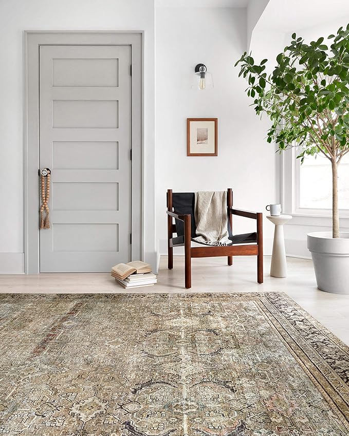 Loloi Layla Collection LAY-03 Olive/Charcoal 5'-0" x 7'-6" .13" Thick Area Rug, Soft, Durable, Vintage Inspired, Distressed, Low Pile, Non-Shedding, Easy Clean, Printed, Living Room Rug