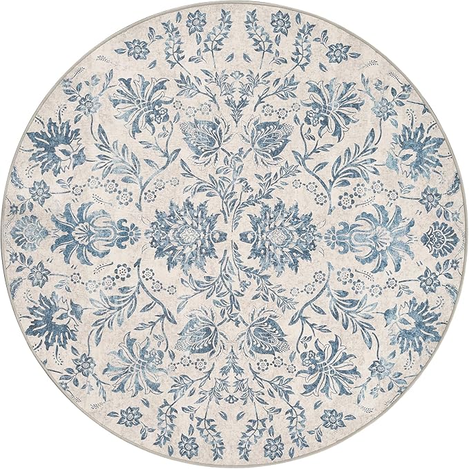 jinchan Torino Classic Floral Round Rug 7ft, Vintage-Inspired Design 7’Circle Rug, Machine Washable Ultra-Thin Low-Pile Non-Slip Indoor Carpet for Bedroom Dining Room Living Room, Dark Blue