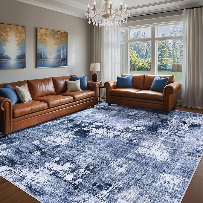 Area Rug Living Room Rugs - 8x10 Washable Large Soft Indoor Neutral Modern Abstract Low Pile Rug Carpet for Bedroom Dining Room Farmhouse Home Office - Navy Blue