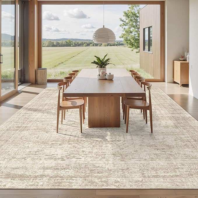 10x14 Area Rugs for Living Room, Non Slip Machine Washable Vintage Rugs, Low Pile Lightweight Large Rug for Bedroom, Dining Room, Home Office Beige