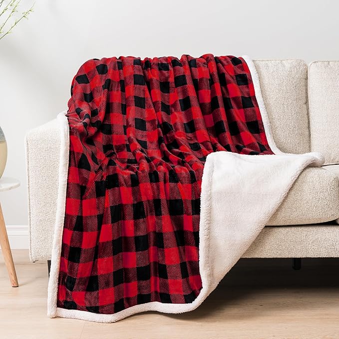 PAVILIA Black and Red Buffalo Plaid Sherpa Throw Blanket for Couch, Plush Red Black Checkered Fleece Blanket and Throws, Soft Fuzzy Flannel Blanket for Sofa Bed, Warm Cozy Winter Blanket Gift, 50x60