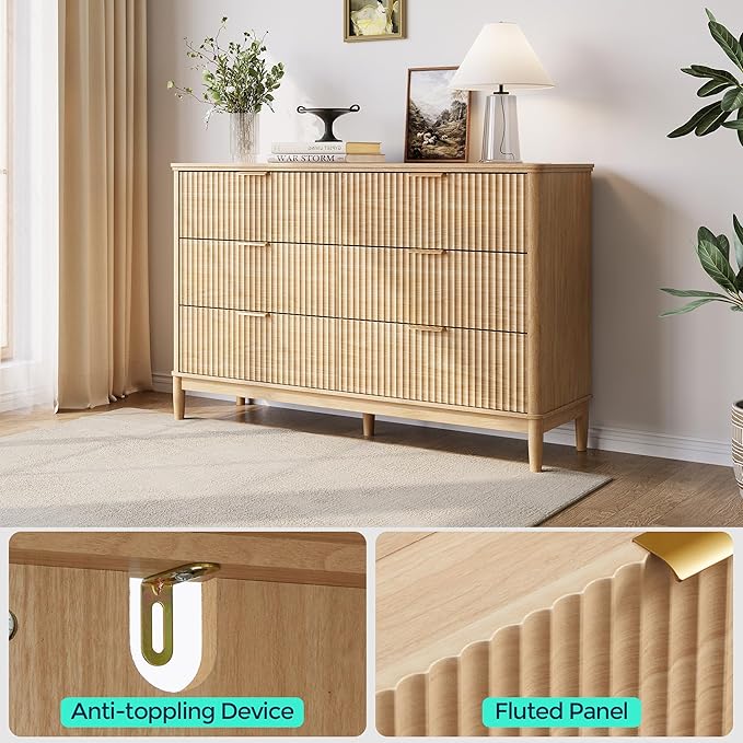 LINSY Fluted Dresser for Bedroom with 6 Drawers, Mid Century Modern Chest of Drawers with Gold Metal Handles, Wide Boho Wood Dressers, Large Farmhouse Storage Cabinet for Bedroom, Living Room, Oak