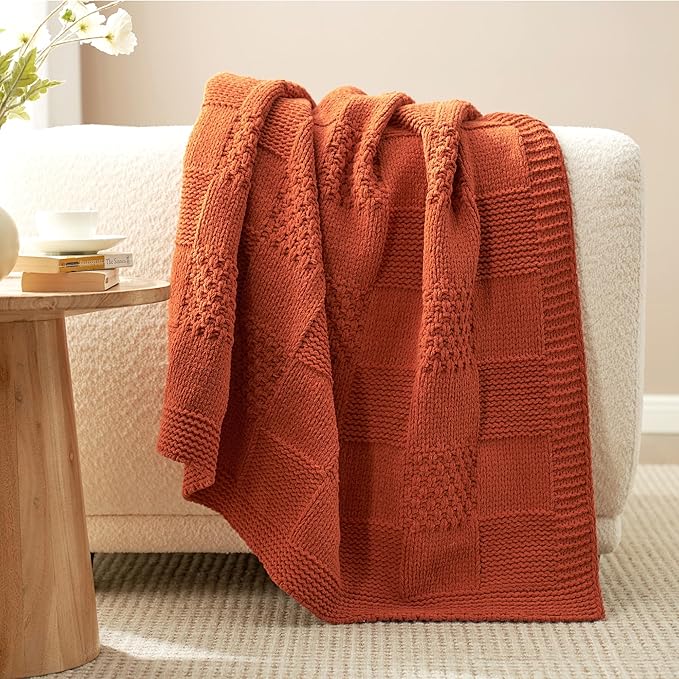 Amélie Home Checkered Chenille Knit Throw Blanket for Couch, Classic Texture Decorative Soft Blanket for Sofa, Chair & Bedroom, 50"x60", Burnt Orange