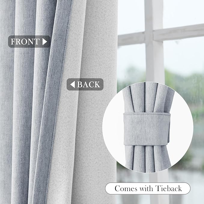 Macochico Extra Wide 100% Blackout Chenille Curtains 100" Wx96 L Thermal Drapes for Sliding Door Living Room Bedroom Auditorium Hotel Gray Blue Curtains Grommet Top with Tieback Classic 1 Panel