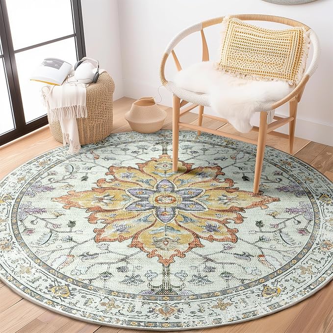 Area Rugs 5ft Washable Non-Slip, Floral Vintage Distress Print Pattern Medallion Carpet for Living Room Bedroom Dining Room, Light Yellow Carbon Grey Orange