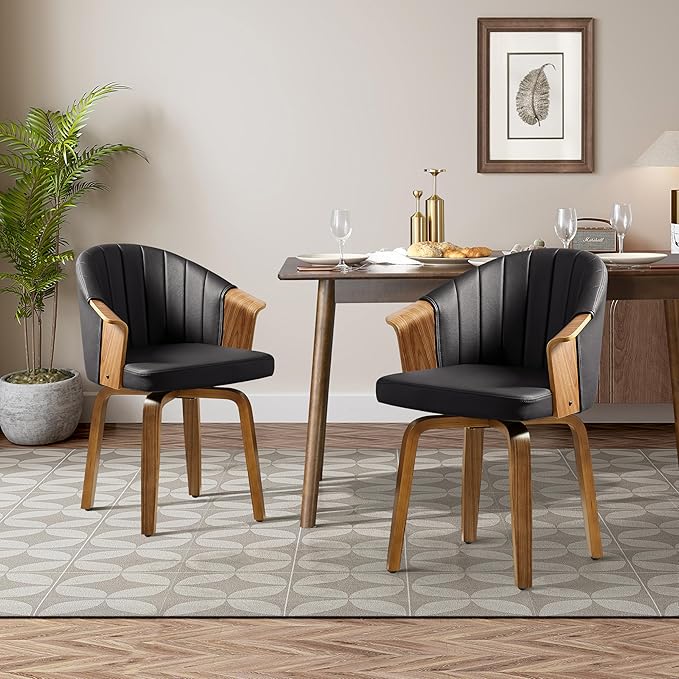 Art Leon Swivel Dining Chairs, Set of 2, Mid Century Modern Faux Leather Upholstered Kitchen Dining Room Chairs, Accent Desk Chairs with Wood Legs, Black/Walnut