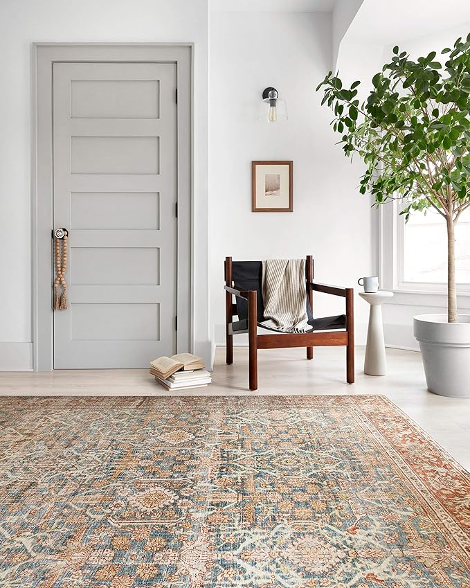 Loloi Layla Collection LAY-04 Ocean/Rust 9'-0" x 12'-0" .13" Thick Area Rug, Soft, Durable, Vintage Inspired, Distressed, Low Pile, Non-Shedding, Easy Clean, Printed, Living Room Rug