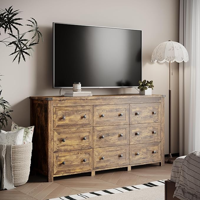 Dresser for Bedroom with 9 Drawers, Farmhouse Wood Chest of Drawers, Wide TV Stand Closet Storage Furniture with Metal Handle, Modern Clothes Organizer for Hallway, Living Room, Entryway, Brown