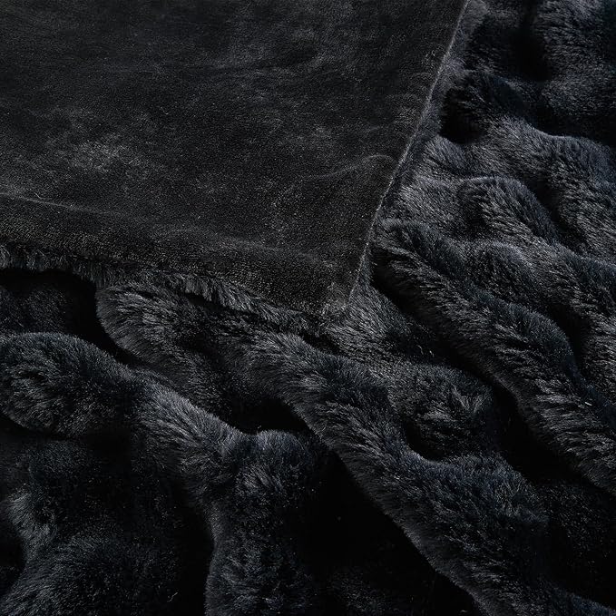 Fluffy Faux Rabbit Fur Throw Blanket - Soft, Luxury, Cozy Thick Warm Decorative Blanket for Bed, Sofa (Throw Size 50''x60'', Black)