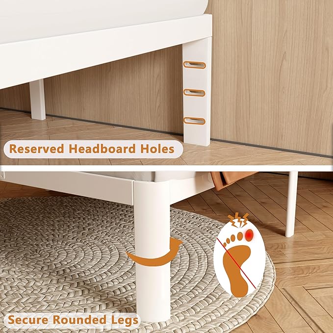 16 Inch Bed Frame King Size with Metal Gaskets, Anti-Slip Mattress Stopper, No Box Spring Needed, Heavy Duty Steel Support 3500 LBS, DIY Headboard, Round Corner Leg, Easy Assembly, White