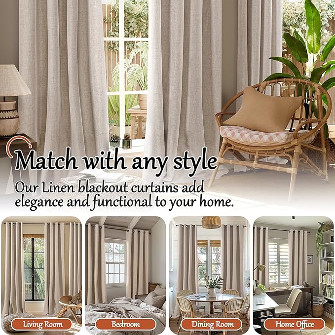 45 Inch Length Linen Blackout Curtains for Short Cafe Window, Thermal Insulated Light Blocking Soundproof Privacy Burlap Curtains 2 Panels, Each 38 Inch Wide Beige