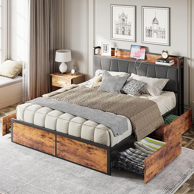 LIKIMIO Queen Bed Frame with 4 Storage Drawers, Platform Bed with Charged Headboard, Sturdy and Stable, No Noise, No Box Spring Needed, Easy to Install, Vintage Brown and Gray