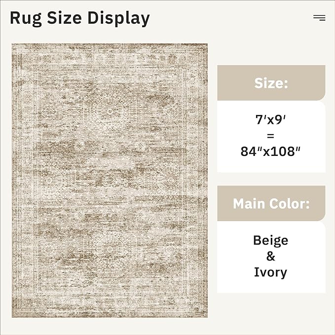 7x9 Area Rug for Living Room Washable Abstract Vintage Soft Thin Indoor Floor Non-Slip Carpet for Bedroom Dining Room Brown