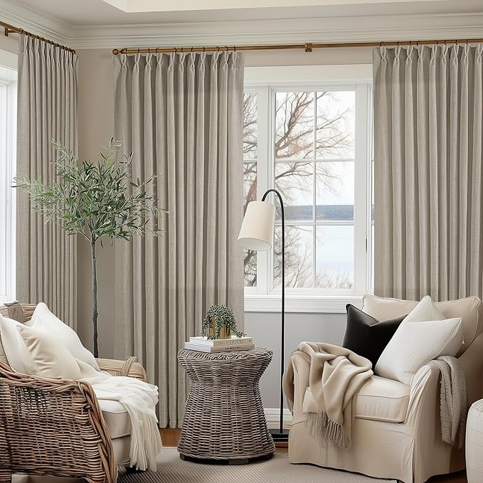Extra Wide Taupe Linen Curtain 96 Inches Long 70 Inch Wide for Living Dining Room Pinch Pleated Drapes for Patio Sliding Glass Door Hooks Rings Sheer Privacy Curtain 72x96 1 Panel Burlywood Birch