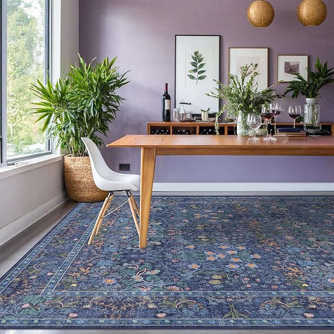Dark Blue Living Room Rug 8x10, Vintage Floral Washable Area Rugs for Bedroom, Dining Room Under Kitchen Table, Oriental Low Pile Stain Resistant Non-Slip Large Navy Decor