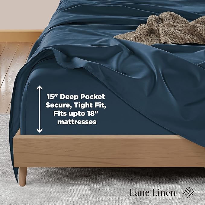 LANE LINEN 600 Thread Count 100% Mercerized Cotton Twin Sheets Set, Machine Wash, Mercerized Cotton for Sily Finish, Soft & Comfy Fully Elasticized Sheets Twin Size Bed Set, Sateen Weave - Dark Denim