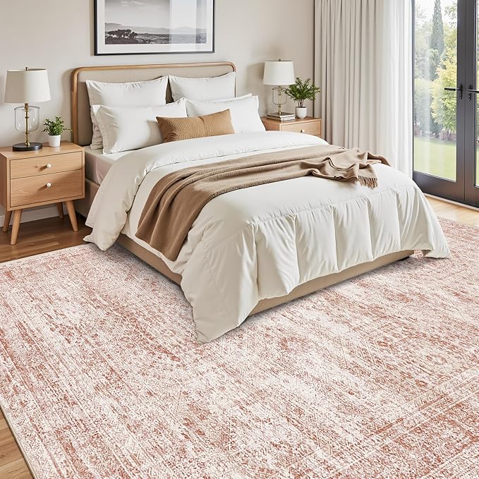 Washable Area Rug 8x10, Large Soft Rugs for Living Room Vintage Area Rugs for Bedroom Dining Room Non-Slip Stain Resistant Pink Under Table Rug