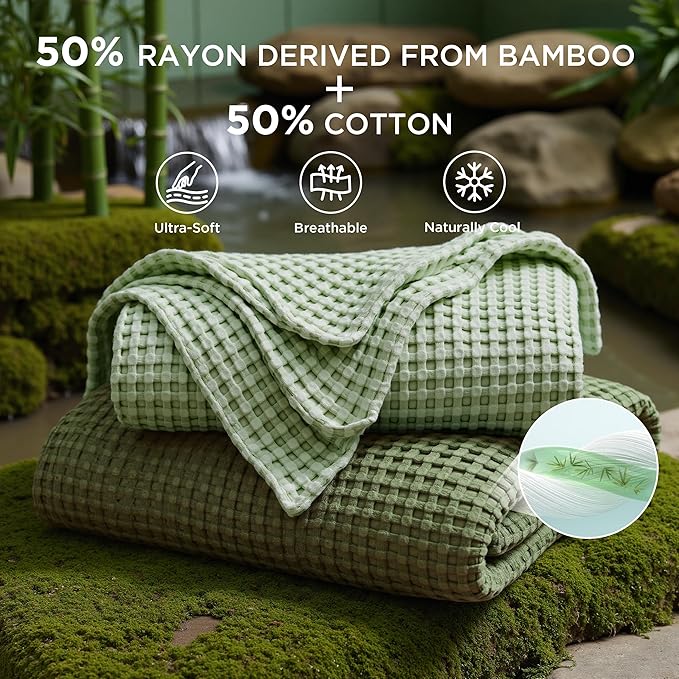 Bedsure Cooling Cotton Waffle Queen Size Blanket - Lightweight Breathable Blanket of Rayon Derived from Bamboo for Hot Sleepers, Luxury Throws for Bed, Couch and Sofa, Green, 90x90 Inches
