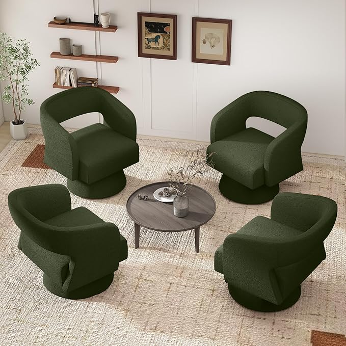Swivel Accent Chair Set of 4, Modern Comfy Teddy Barrel Chairs, Oversized Upholstered Round Arm Chair for Living Room, Bedroom, Reading Room, Green