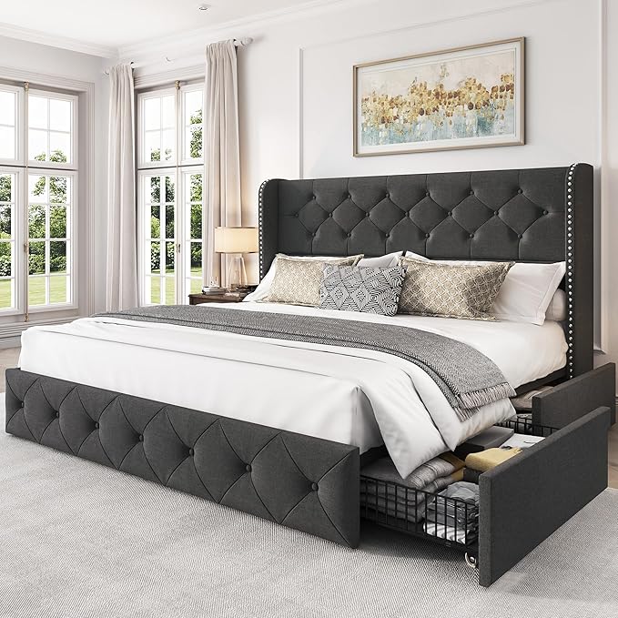 LARMACE Upholstered Queen Size Bed Frame with 4 Storage Drawers and Wingback Headboard Tufted Platform Bed Frame Linen Beds with Wooden Slats Support, Easy Assembly, Dark Grey