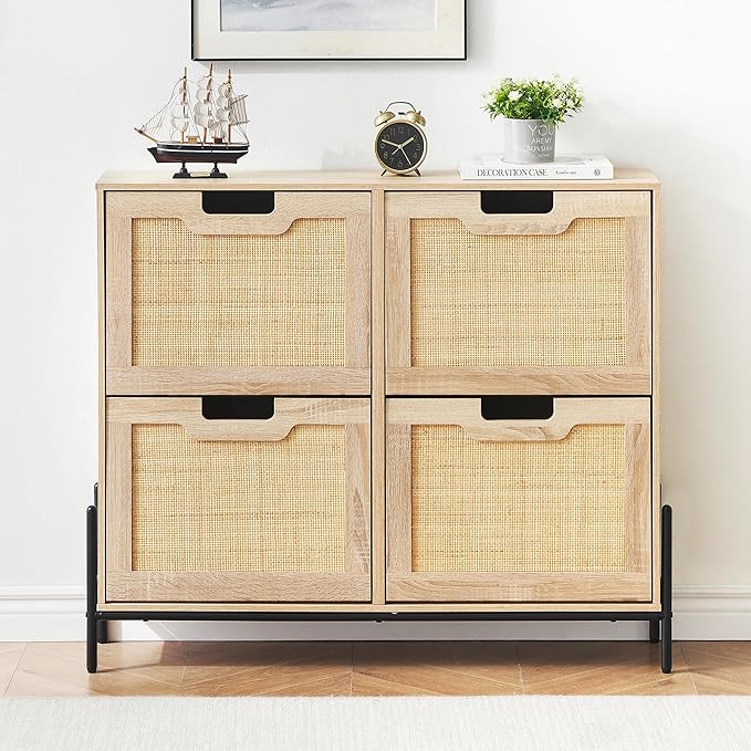 IDEALHOUSE Rattan Shoe Storage Cabinet with 4 Flip Drawers, Freestanding Shoe Organizer with Adjustable Shelves for Entryway, Narrow Shoe Rack Cabinet, Farmhouse Slim Shoe Cabinet, Oak