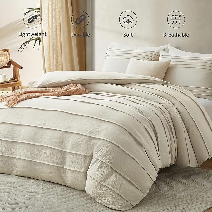 Oli Anderson Beige Duvet Cover Queen Size - Pleated Queen Duvet Cover, 3PCS Soft and Breathable Textured Bedding Set with Zipper Closure(Beige,90"x90")